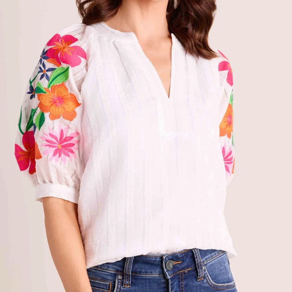 THML White Blouse with Colorful Floral Embroidery